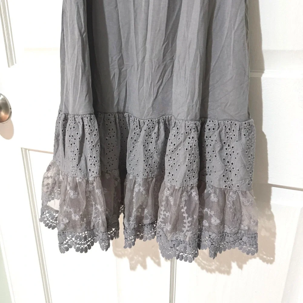 Matilda Jane Gray Lace Trim Ruffle Hem Slip Dress Womens Medium Eyelet Boho